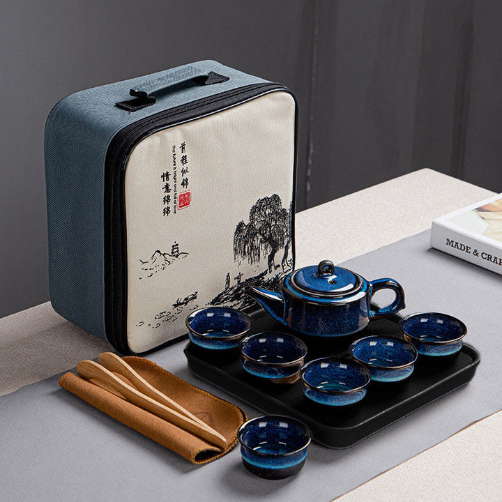 Buddha Stones, blauer Farbverlauf, chinesischer Gongfu-Tee, Keramik-Teekanne, tragbares Geschenkbeutel-Box-Set - 1 Teekanne + 6 Tassen + Tablett + Beutel - image 9