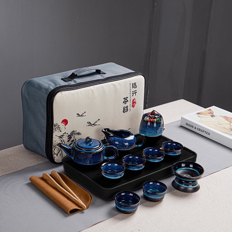 Buddha Stones, blauer Farbverlauf, chinesischer Gongfu-Tee, Keramik-Teekanne, tragbares Geschenkbeutel-Box-Set - 1 Teekanne + 6 Tassen + 1 Dose + 1 Kanne + 1 Teesieb + Tablett + Beutel - image 15