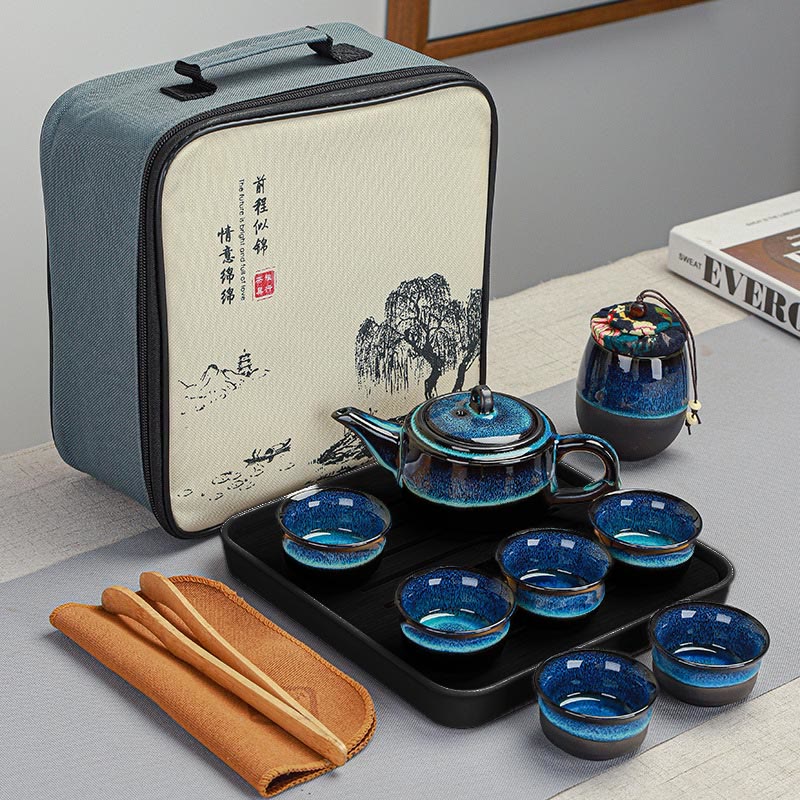 Buddha Stones, blauer Farbverlauf, chinesischer Gongfu-Tee, Keramik-Teekanne, tragbares Geschenkbeutel-Box-Set - 1 Teekanne + 6 Tassen + 1 Dose + Tablett + Beutel - image 13