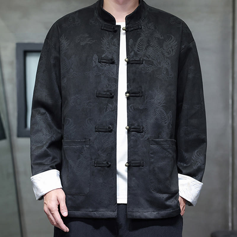 Buddha Stones, chinesisches Neujahr, Kirin-Druck, Froschknopf, Tang-Anzug, Herrenjacke, Hemd mit Taschen - Schwarz - US/ UK/AU46，EU56 (5XL) - image 13