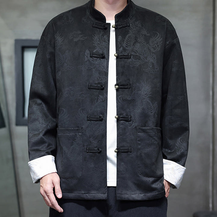 Buddha Stones, chinesisches Neujahr, Kirin-Druck, Froschknopf, Tang-Anzug, Herrenjacke, Hemd mit Taschen - Schwarz - US/ UK/AU46，EU56 (5XL) - image 13