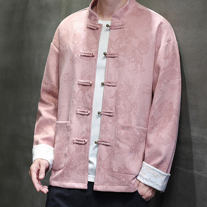 Buddha Stones, chinesisches Neujahr, Kirin-Druck, Froschknopf, Tang-Anzug, Herrenjacke, Hemd mit Taschen - Hellrosa - US/ UK/AU46，EU56 (5XL) - image 29
