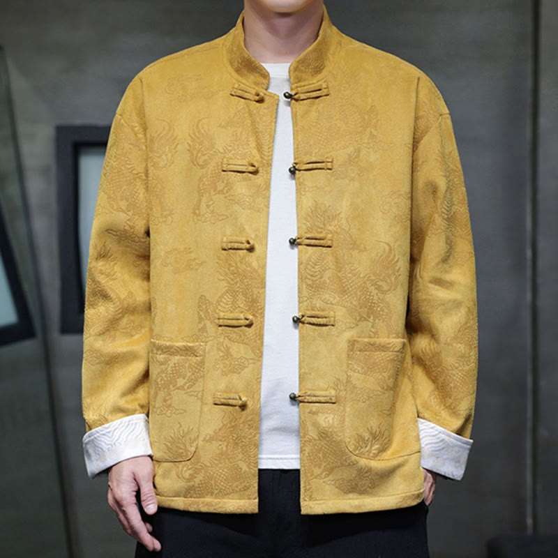 Buddha Stones, chinesisches Neujahr, Kirin-Druck, Froschknopf, Tang-Anzug, Herrenjacke, Hemd mit Taschen - Gelb - US/ UK/AU46, EU56 (5XL) - image 1