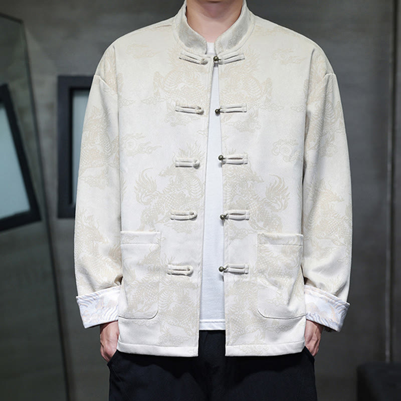 Buddha Stones, chinesisches Neujahr, Kirin-Druck, Froschknopf, Tang-Anzug, Herrenjacke, Hemd mit Taschen - Elfenbein - US/ UK/AU46，EU56 (5XL) - image 21