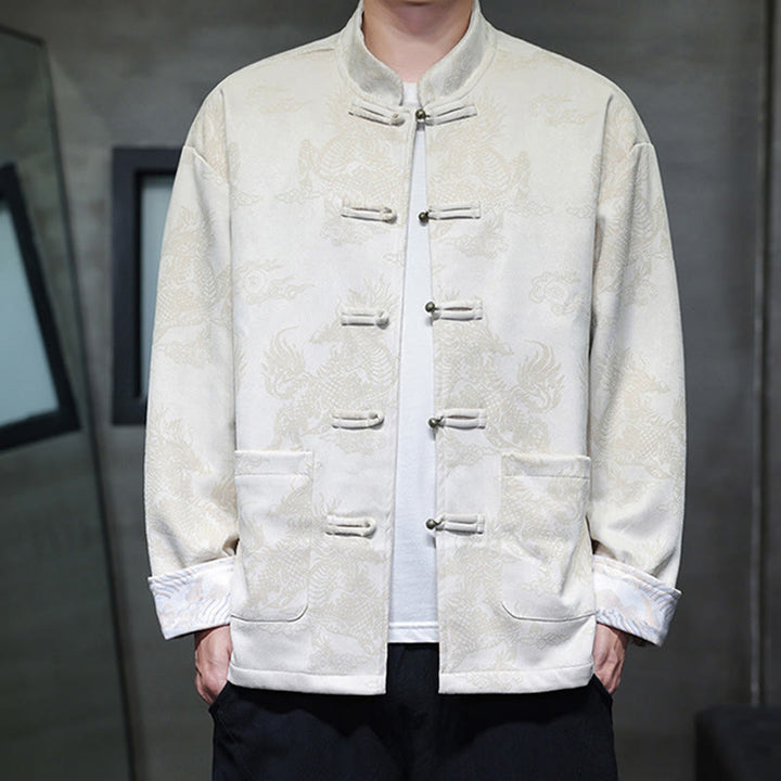 Buddha Stones, chinesisches Neujahr, Kirin-Druck, Froschknopf, Tang-Anzug, Herrenjacke, Hemd mit Taschen - Elfenbein - US/ UK/AU46，EU56 (5XL) - image 21