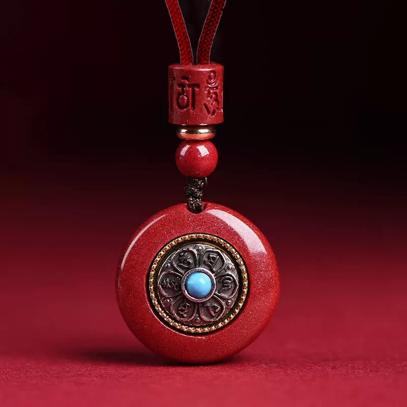 Buddha Stones , natürlicher Zinnober, sechs wahre Worte „Om Mani Padme Hum“, geflochtene Schnur, Segens-Schlüsselanhänger, Halskette - Zinnober Om Mani Padme Hum Halskette - image 1