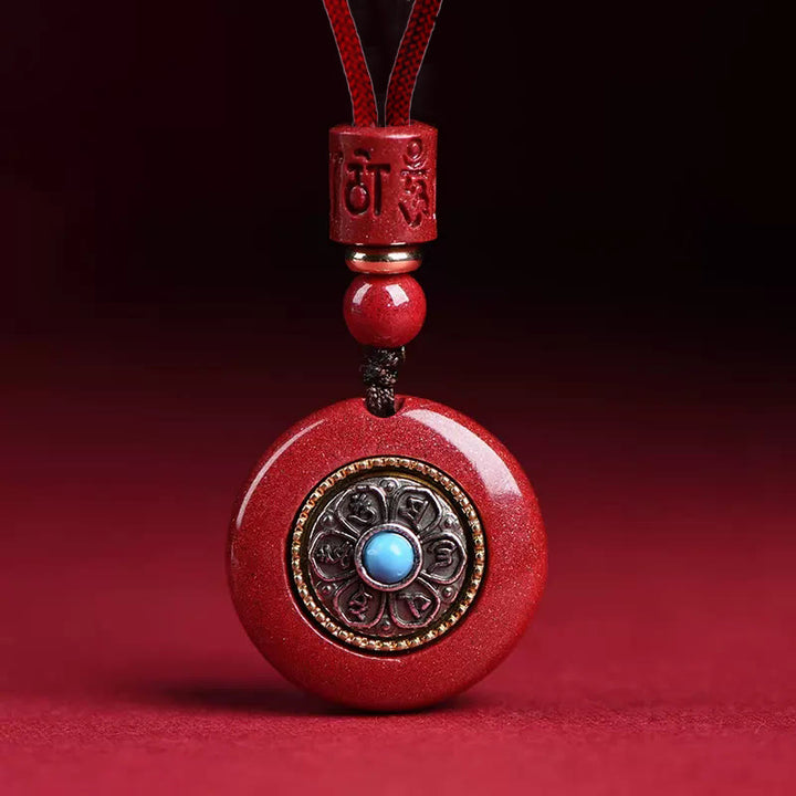 Buddha Stones , natürlicher Zinnober, sechs wahre Worte „Om Mani Padme Hum“, geflochtene Schnur, Segens-Schlüsselanhänger, Halskette - Zinnober Om Mani Padme Hum Halskette - image 1