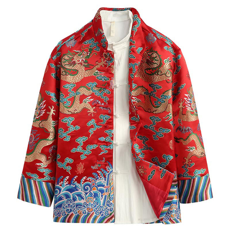 Buddha Stones, chinesische Neujahrs-Drachen-Stickerei, glückverheißende Wolken, Froschknopf-Tang-Anzug, Herrenjacke, Hemd - Rot - US/ UK/AU44, EU54 (4XL) - image 0