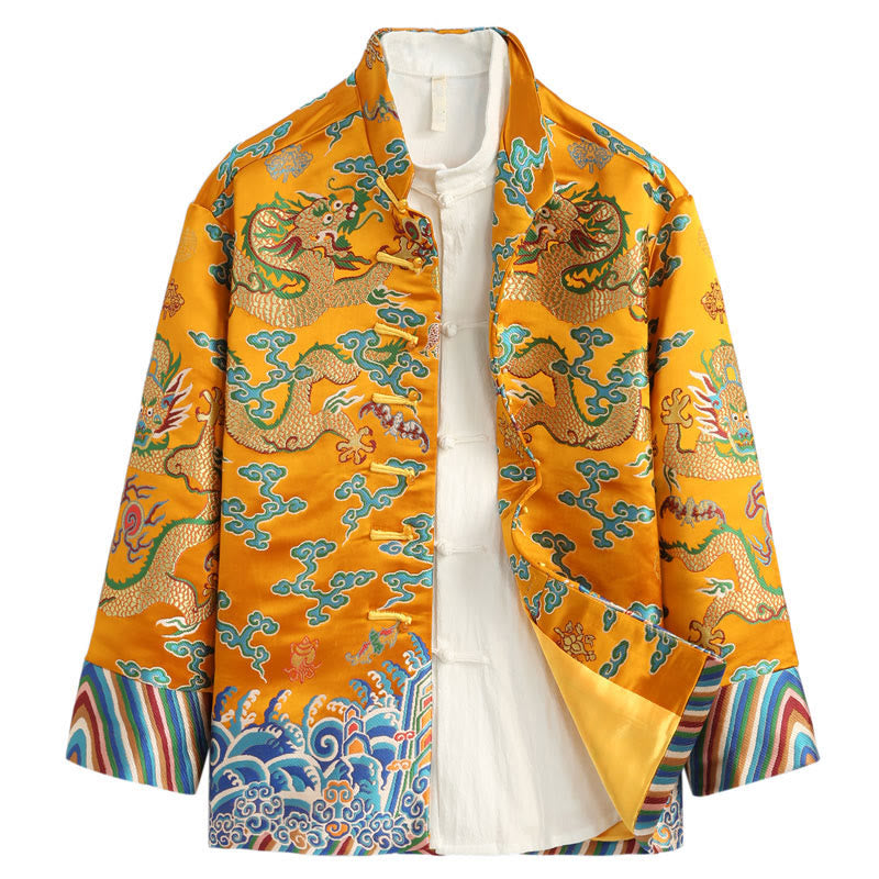Buddha Stones, chinesische Neujahrs-Drachen-Stickerei, glückverheißende Wolken, Froschknopf-Tang-Anzug, Herrenjacke, Hemd - Gold - US/ UK/AU44, EU54 (4XL) - image 2