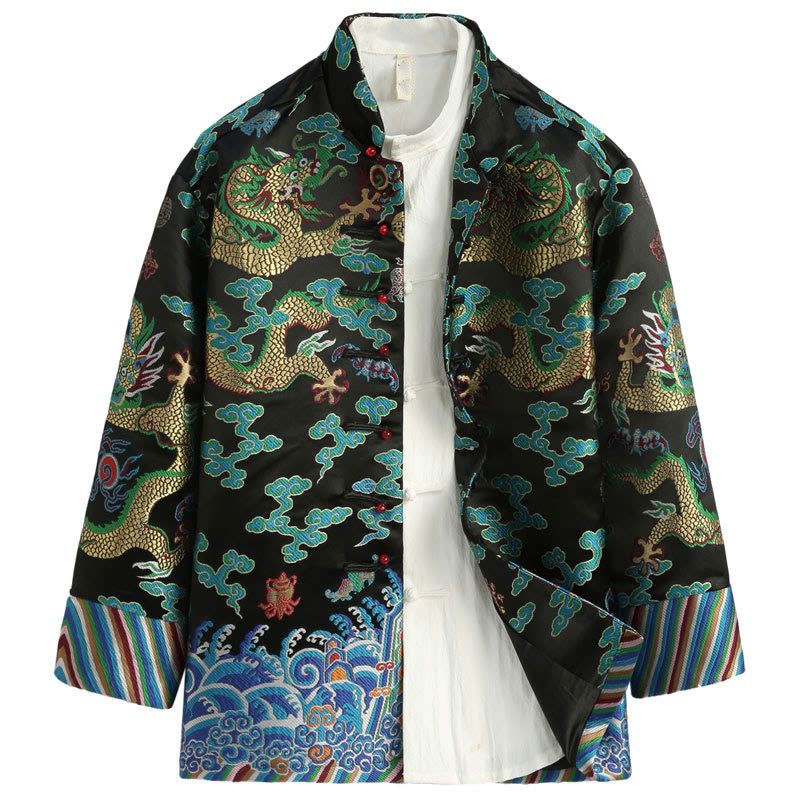 Buddha Stones, chinesische Neujahrs-Drachen-Stickerei, glückverheißende Wolken, Froschknopf-Tang-Anzug, Herrenjacke, Hemd - Schwarz - US/ UK/AU44, EU54 (4XL) - image 12