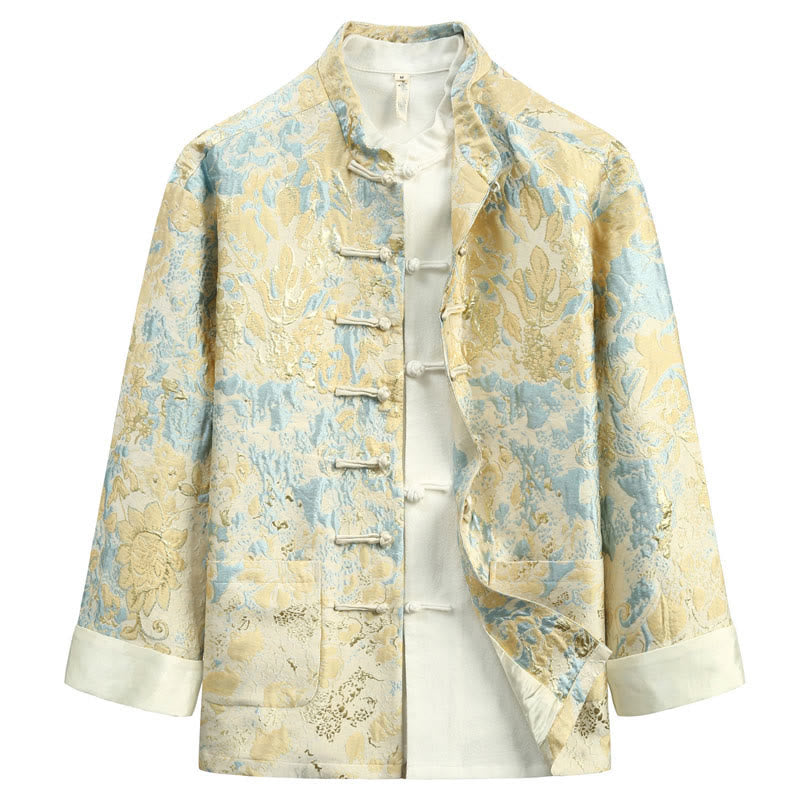 Buddha Stones, chinesisches Neujahr, Jacquard-Stickerei, Froschknopf, Tang-Anzug, Herrenjacke, Hemd mit Taschen - Hellgoldgelb - US/ UK/AU44, EU54 (4XL) - image 0