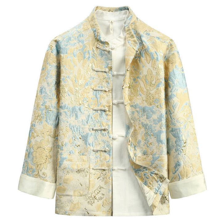 Buddha Stones, chinesisches Neujahr, Jacquard-Stickerei, Froschknopf, Tang-Anzug, Herrenjacke, Hemd mit Taschen - Hellgoldgelb - US/ UK/AU44, EU54 (4XL) - image 0