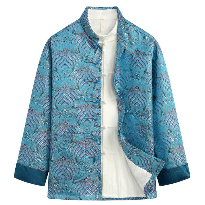 Buddha Stones, chinesisches Neujahr, Jacquard-Damast, Seewasser-Muster, Froschknopf, Tang-Anzug, Herrenjacke, Hemd mit Taschen - Tiefblau - US/ UK/AU44, EU54 (4XL) - image 4