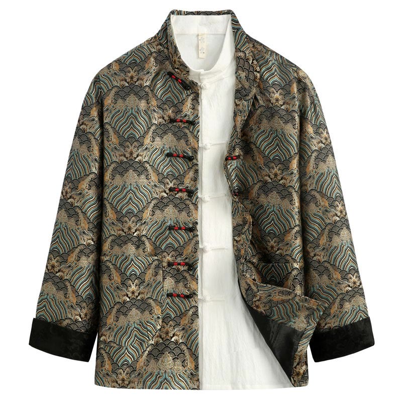 Buddha Stones, chinesisches Neujahr, Jacquard-Damast, Seewasser-Muster, Froschknopf, Tang-Anzug, Herrenjacke, Hemd mit Taschen - Olivgrün - US/ UK/AU44, EU54 (4XL) - image 6