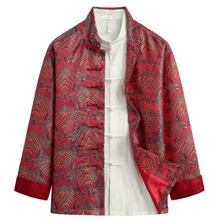 Buddha Stones, chinesisches Neujahr, Jacquard-Damast, Seewasser-Muster, Froschknopf, Tang-Anzug, Herrenjacke, Hemd mit Taschen - Purpurrot - US/ UK/AU44, EU54 (4XL) - image 0