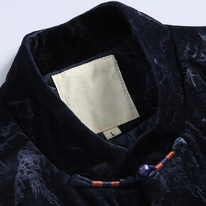 Buddha Stones, chinesisches Neujahrs-Landschaftsdruck, handgefertigt, Froschknopf, Tang-Anzug, Herrenjacke, Hemd mit Taschen - image 6