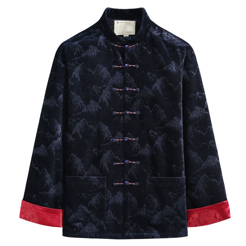 Buddha Stones, chinesisches Neujahrs-Landschaftsdruck, handgefertigt, Froschknopf, Tang-Anzug, Herrenjacke, Hemd mit Taschen - Mitternachtsblau - US/ UK/AU44, EU54 (4XL) - image 4