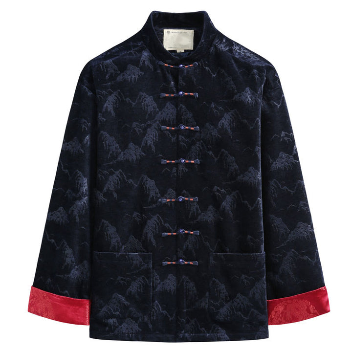Buddha Stones, chinesisches Neujahrs-Landschaftsdruck, handgefertigt, Froschknopf, Tang-Anzug, Herrenjacke, Hemd mit Taschen - Mitternachtsblau - US/ UK/AU44, EU54 (4XL) - image 4