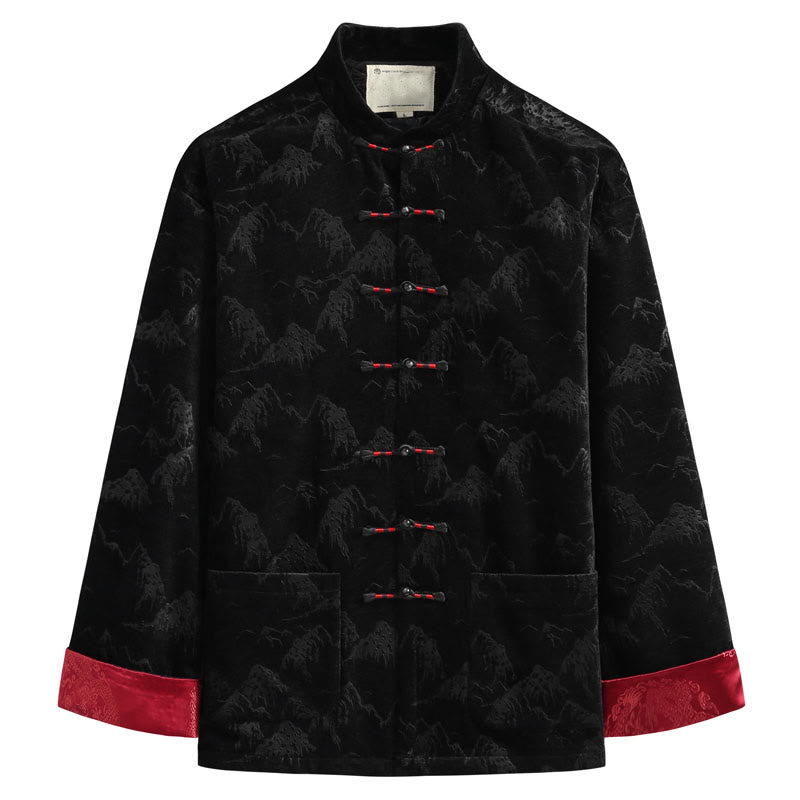 Buddha Stones, chinesisches Neujahrs-Landschaftsdruck, handgefertigt, Froschknopf, Tang-Anzug, Herrenjacke, Hemd mit Taschen - Schwarz - US/ UK/AU44, EU54 (4XL) - image 2