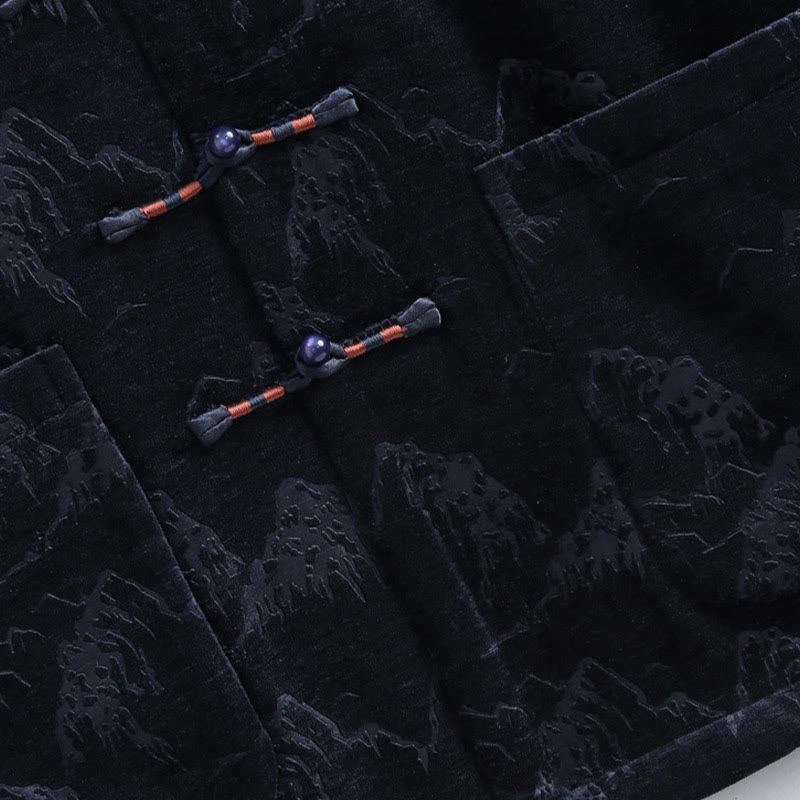 Buddha Stones, chinesisches Neujahrs-Landschaftsdruck, handgefertigt, Froschknopf, Tang-Anzug, Herrenjacke, Hemd mit Taschen - image 8