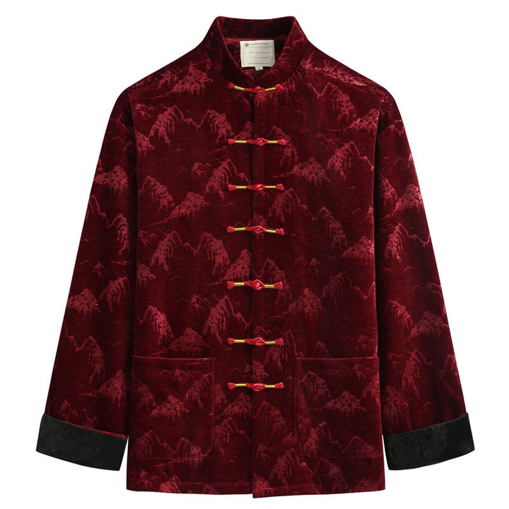 Buddha Stones, chinesisches Neujahrs-Landschaftsdruck, handgefertigt, Froschknopf, Tang-Anzug, Herrenjacke, Hemd mit Taschen - Feuerfestziegel - US/ UK/AU44, EU54 (4XL) - image 0