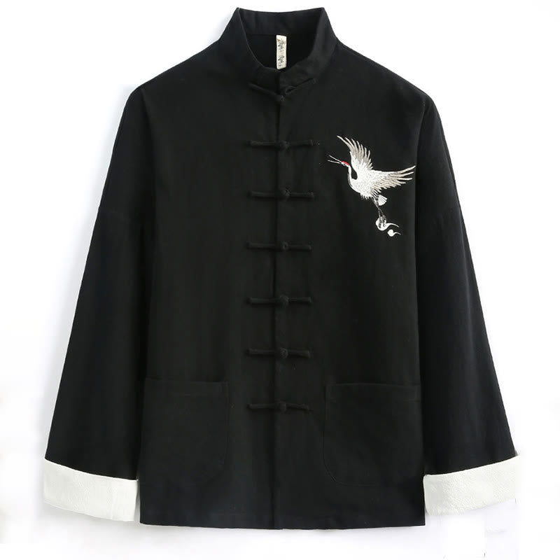 Buddha Stones, chinesisches Neujahrs-Kranich-Stickerei, Tang-Anzug, Hanfu, langärmeliges Oberteil und Hose, Kleidung aus Baumwolle und Leinen, Herren-Set mit Taschen - image 1