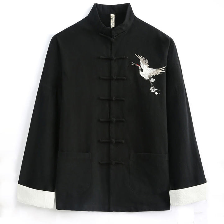 Buddha Stones, chinesisches Neujahrs-Kranich-Stickerei, Tang-Anzug, Hanfu, langärmeliges Oberteil und Hose, Kleidung aus Baumwolle und Leinen, Herren-Set mit Taschen - image 1