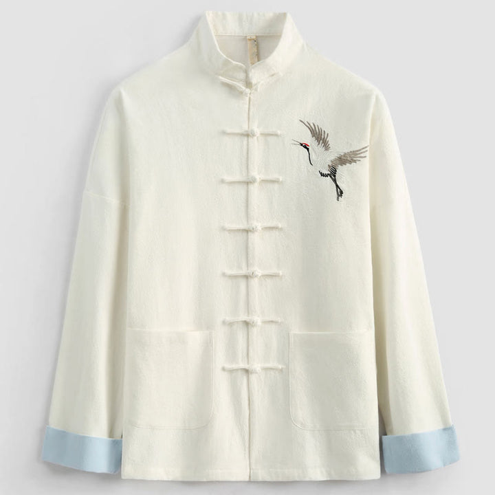 Buddha Stones, chinesisches Neujahrs-Kranich-Stickerei, Tang-Anzug, Hanfu, langärmeliges Oberteil und Hose, Kleidung aus Baumwolle und Leinen, Herren-Set mit Taschen - image 5