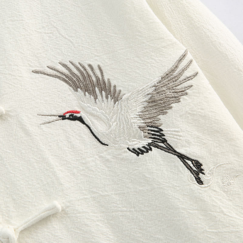 Buddha Stones, chinesisches Neujahrs-Kranich-Stickerei, Tang-Anzug, Hanfu, langärmeliges Oberteil und Hose, Kleidung aus Baumwolle und Leinen, Herren-Set mit Taschen - image 8