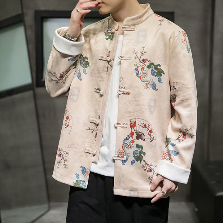 Buddha Stones, Kleidung für das chinesische Neujahr, Blumen, Drachenfächer, glückverheißende Wolken, Tang-Anzug mit Froschknöpfen, Baumwolljacke für Herren  - image 9