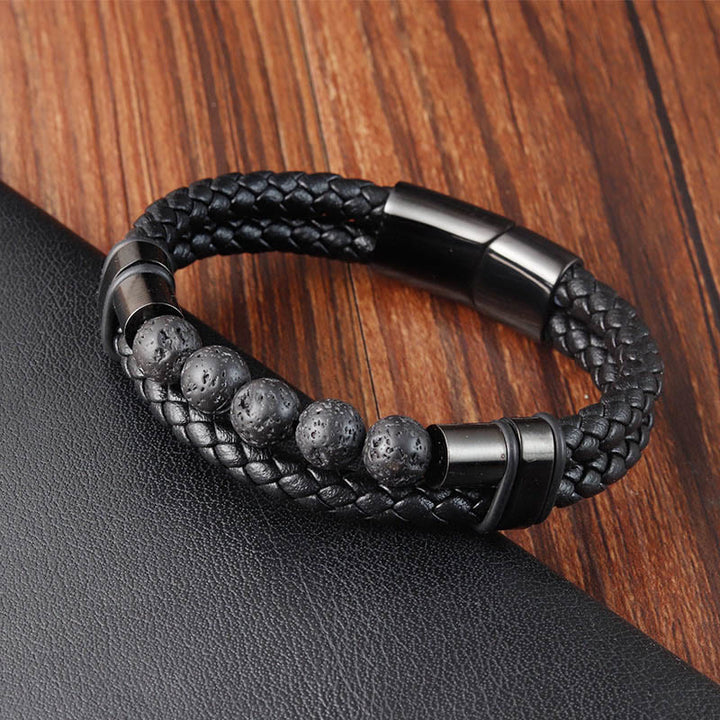 Buddha Stones, Lavastein, mattierter Stein, heilendes Lederarmband mit Magnetschnalle