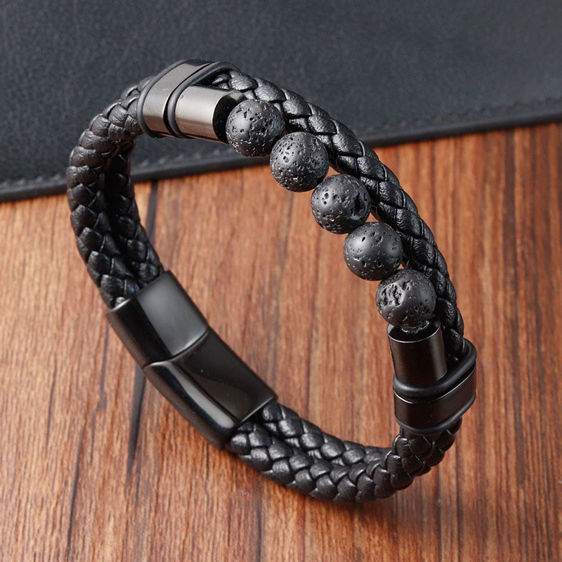 Buddha Stones, Lavastein, mattierter Stein, heilendes Lederarmband mit Magnetschnalle