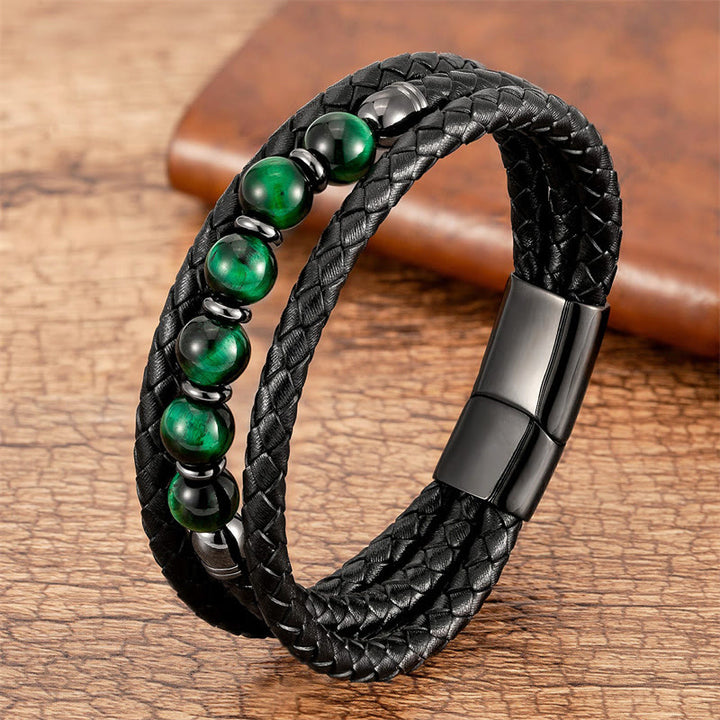Buddha Stones ​​Tigerauge Lavastein Hämatit Schwarzer Onyx Perlen Positives Lederarmband - Grünes Tigerauge - 18-22 cm - image 1