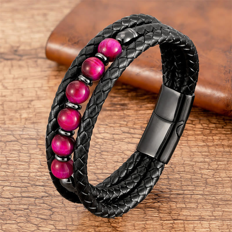 Buddha Stones ​​Tigerauge Lavastein Hämatit Schwarzer Onyx Perlen Positives Lederarmband - Rosenrotes Tigerauge - 18-22 cm - image 4