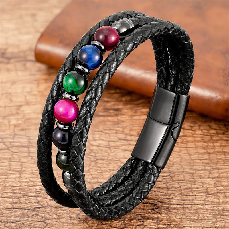 Buddha Stones ​​Tigerauge Lavastein Hämatit Schwarzer Onyx Perlen Positives Lederarmband - Mehrfarbiges Tigerauge - 18-22 cm - image 5