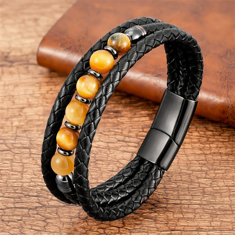 Buddha Stones ​​Tigerauge Lavastein Hämatit Schwarzer Onyx Perlen Positives Lederarmband - Goldenes Tigerauge - 18-22 cm - image 6