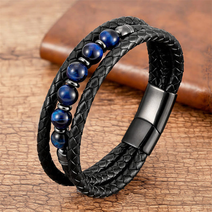Buddha Stones ​​Tigerauge Lavastein Hämatit Schwarzer Onyx Perlen Positives Lederarmband - Blaues Tigerauge - 18-22 cm - image 7