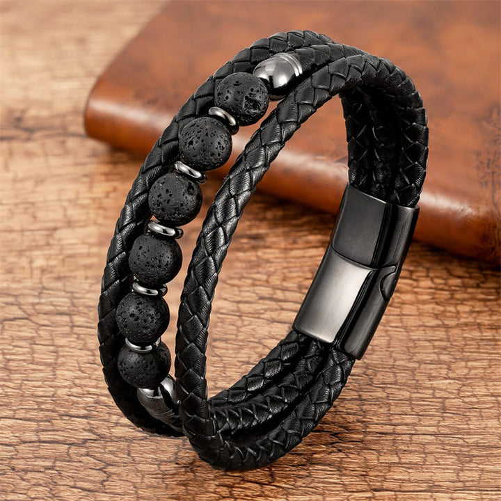 Buddha Stones ​​Tigerauge Lavastein Hämatit Schwarzer Onyx Perlen Positives Lederarmband - Lavastein - 18-22 cm - image 9
