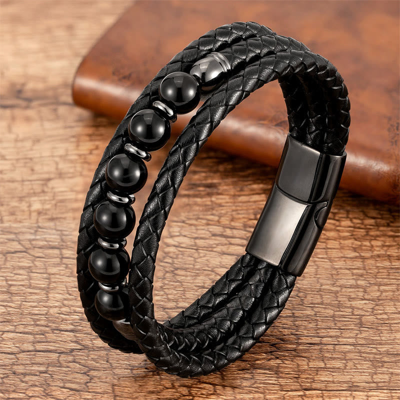 Buddha Stones ​​Tigerauge Lavastein Hämatit Schwarzer Onyx Perlen Positives Lederarmband - Schwarzer Onyx - 18-22 cm - image 13