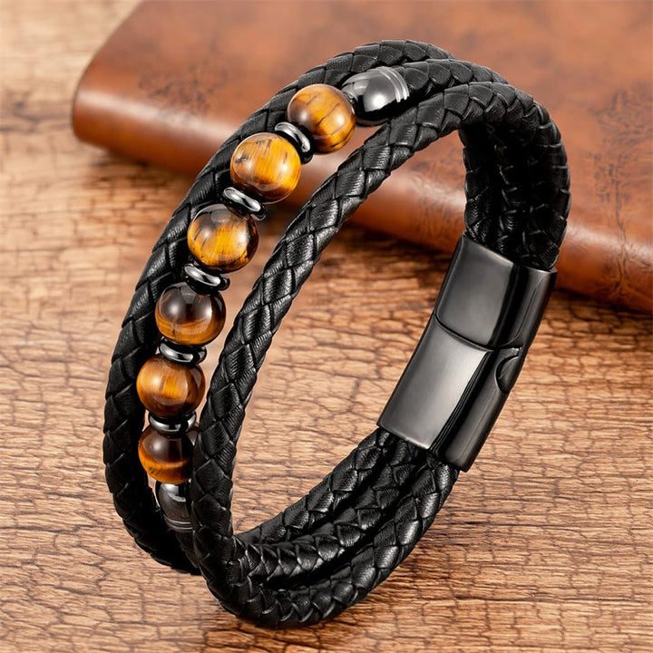 Buddha Stones Tigerauge Lavastein Hämatit Schwarzer Onyx Perlen Positives Lederarmband