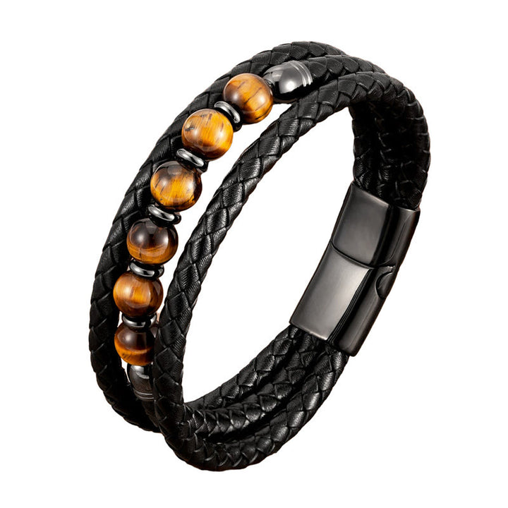 Buddha Stones Tigerauge Lavastein Hämatit Schwarzer Onyx Perlen Positives Lederarmband