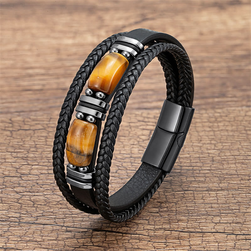 Buddha Stones Tigerauge Stein Mut Willenskraft Mehrschichtiges Lederarmband - Gelbes Tigerauge - 18-22 cm - image 1