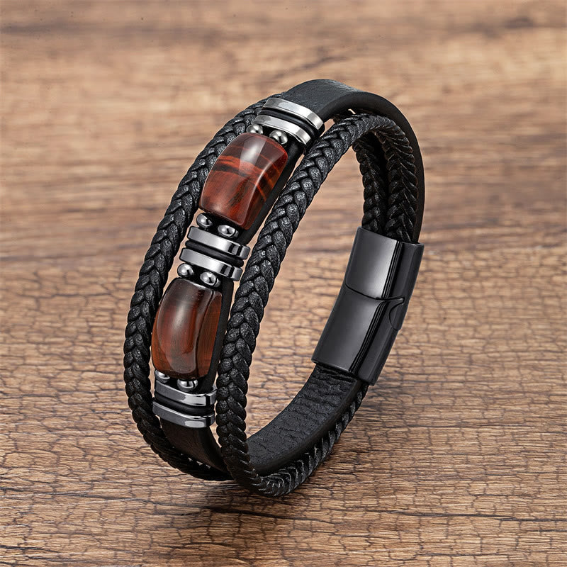Buddha Stones Tigerauge Stein Mut Willenskraft Mehrschichtiges Lederarmband - Braun-Rotes Tigerauge - 18-22 cm - image 5