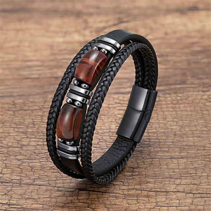 Buddha Stones Tigerauge Stein Mut Willenskraft Mehrschichtiges Lederarmband - Braun-Rotes Tigerauge - 18-22 cm - image 5
