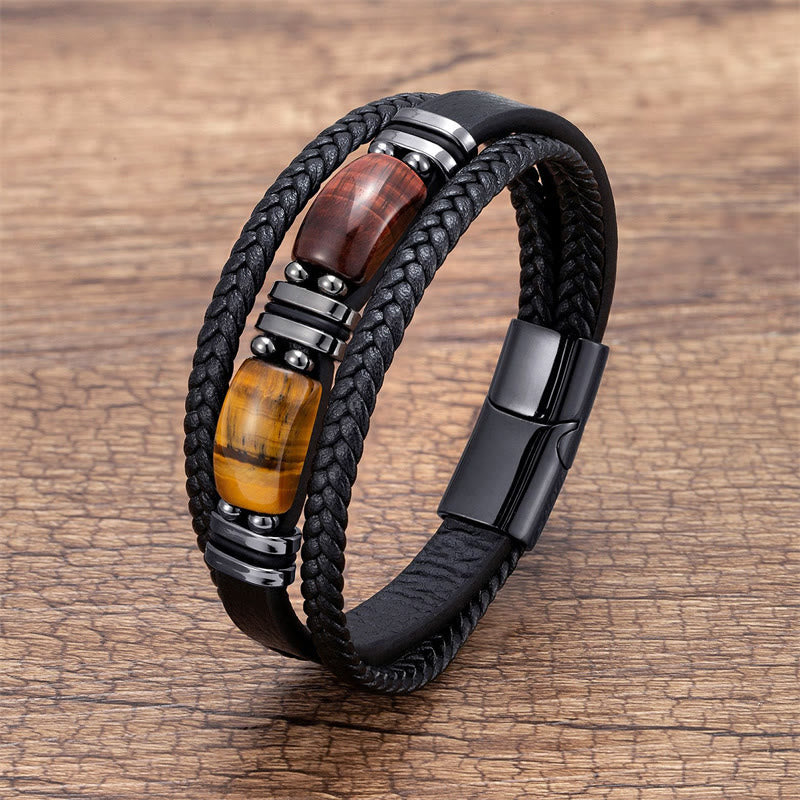 Buddha Stones Tigerauge Stein Mut Willenskraft Mehrschichtiges Lederarmband - Gelb-Braun-Rotes Tigerauge - 18-22 cm - image 8