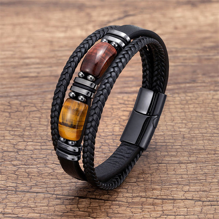 Buddha Stones Tigerauge Stein Mut Willenskraft Mehrschichtiges Lederarmband - Gelb-Braun-Rotes Tigerauge - 18-22 cm - image 8