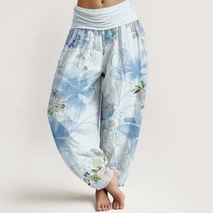 Haremshose mit Buddha Stones und verschiedenen Blumen und Blättern, elastische Taille für Damen