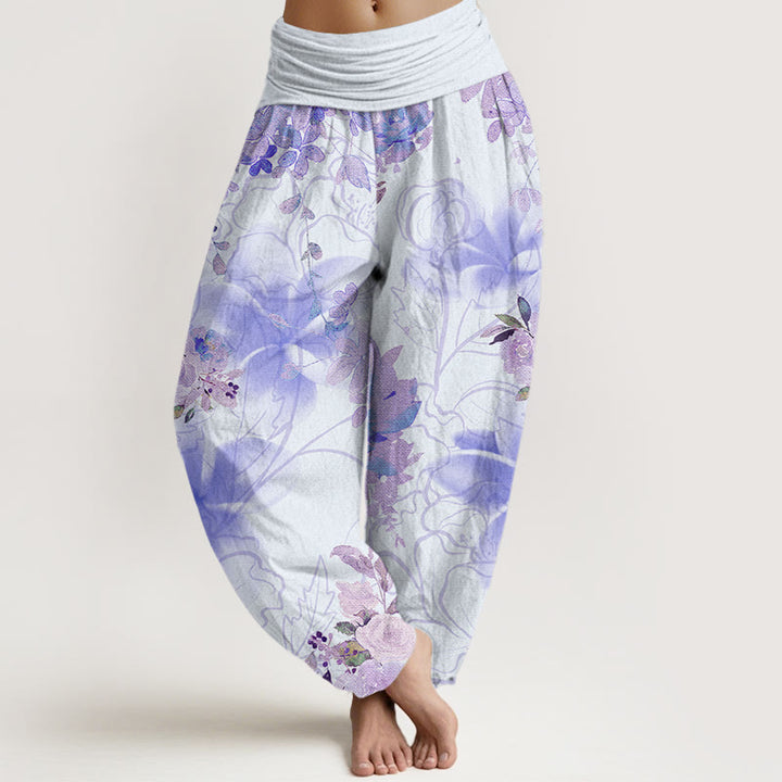 Haremshose mit Buddha Stones und verschiedenen Blumen und Blättern, elastische Taille für Damen