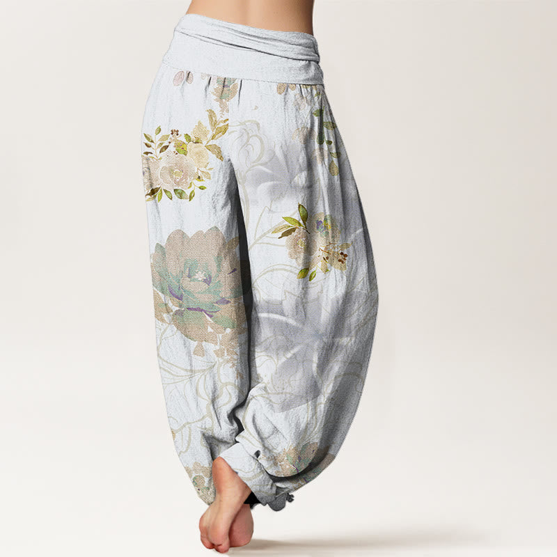 Haremshose mit Buddha Stones und verschiedenen Blumen und Blättern, elastische Taille für Damen