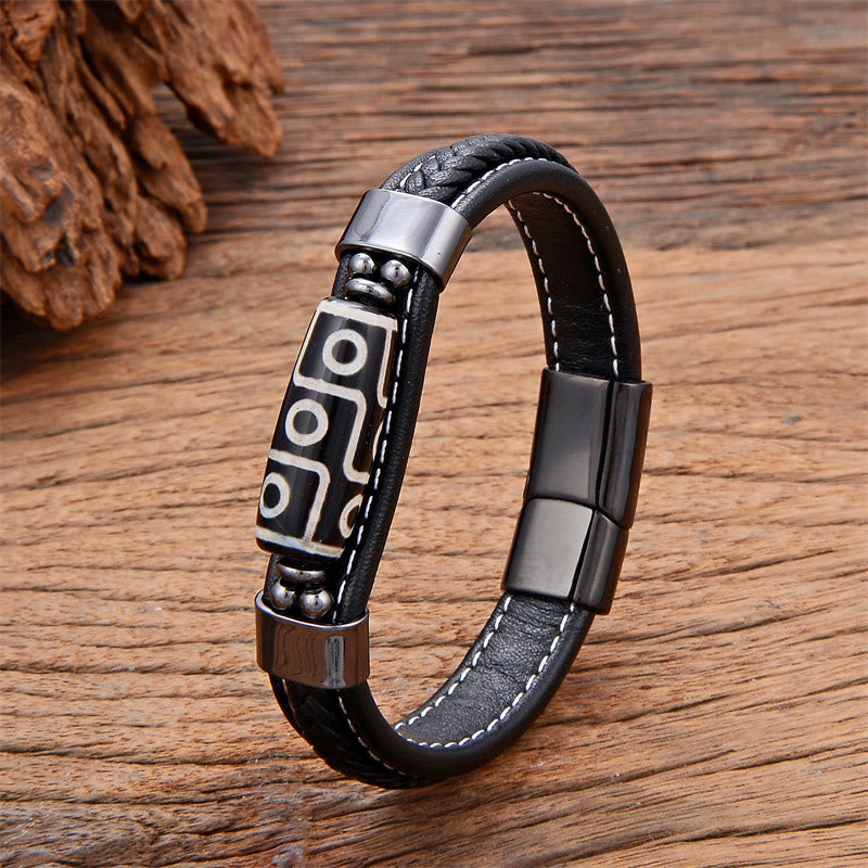 Armband mit Lederschnalle und Buddha Stones, tibetische Neun-Augen-Dzi-Perle - Schwarz - 18-22 cm - image 1